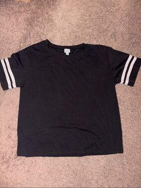 Women’s Black Short-Sleeve Tee with White Sleeve Stripes